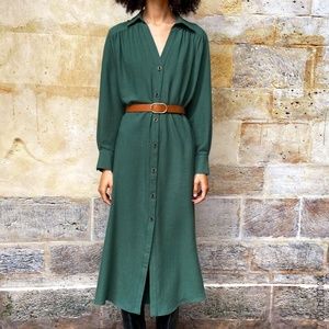 Zara BELTED SHIRT DRESS GREEN XS